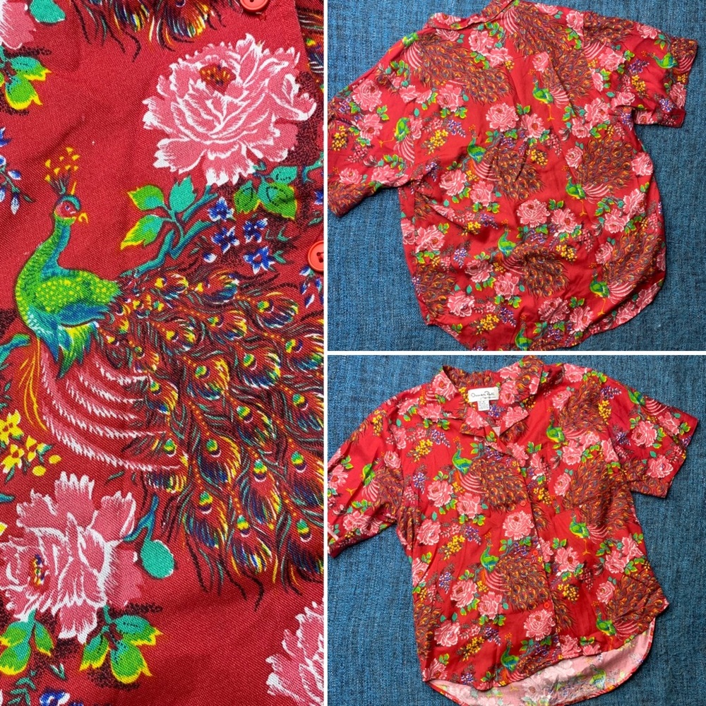 Oscar De La Renta Peacock Floral Button Up Top Women's Medium Red Tropical